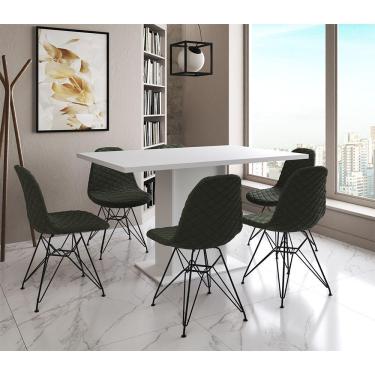 Imagem de Mesa Jantar Londres Retangular Branca 137X90 6 Cadeiras Estofadas Verde Ferro Preto
