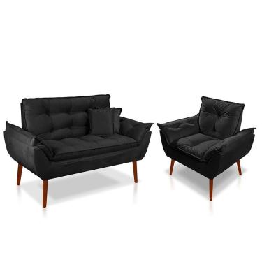 Imagem de Kit 01 Poltrona Opala + 01 Namoradeira Opala + 02 Almofadas Suede Preto