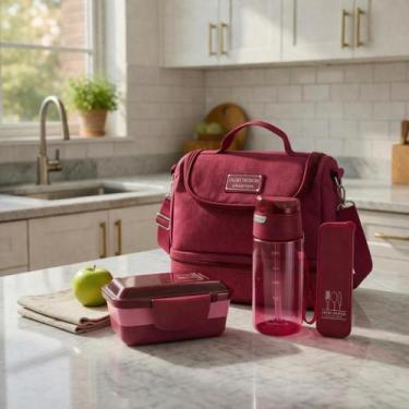 Imagem de Kit Bolsa Térmica Lancheira Marmita 2 Divisórias Garrafa Squeeze Água 