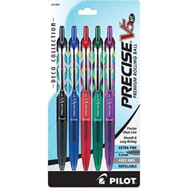 Imagem de PILOT Canetas esferográficas de tinta líquida recarregáveis e retráteis da coleção Precise V5 RT Deco Collection, ponta extra fina (0,5 mm) tintas preto/azul/vermelho/verde/roxo, pacote com 5 (41980)