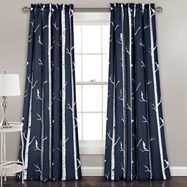Imagem de Cortinas de decoração exuberante pássaro na árvore conjunto de painéis de janela para viver, jantar, quarto (par), 213 cm G, azul marinho, 2 unidades