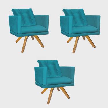 Imagem de Kit 03 Poltrona Cadeira Kim Luxo Confort Giratória Caramelo Com almofada Solta Suede Azul Turquesa - Ahazzo Móveis