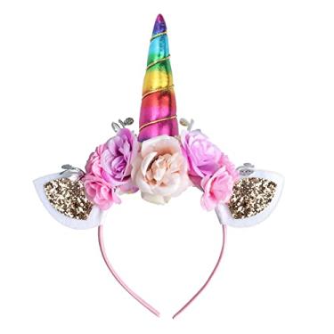Imagem de Faixa de cabeça de unicórnio, tiara de chifre de glitter arco-íris AHIER faixa de cabeça de gato acessório de cabeça de flores para artigos de festa de unicórnio
