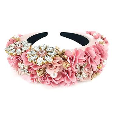 Imagem de QTMY Faixas de cabelo de pérolas de strass de flor para mulheres, acessórios de argola de cabelo joias faixa de cabeça, rosa
