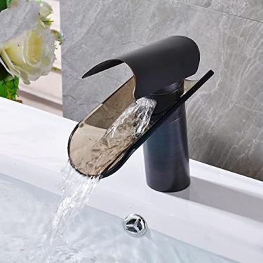 Imagem de Torneira de lavatório com bico em cascata de vidro Torneira de água quente e fria montada no convés Torneira misturadora para banheiro de manípulo único, A