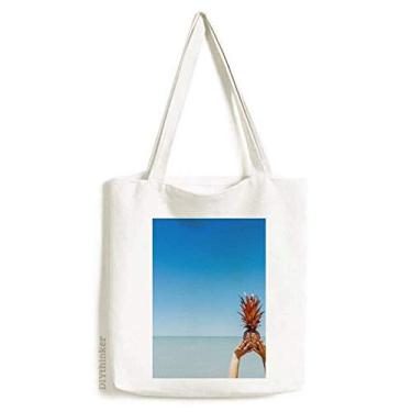 Imagem de Sacola de lona com imagem de oceano e areia praia de abacaxi com imagem do mar bolsa de compras casual