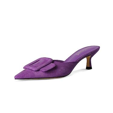 Imagem de Pantufas Fericzot Mule para mulheres, salto gatinha bico fino com fivela deslizante sapatos sandálias de costas nuas, Roxa, 7