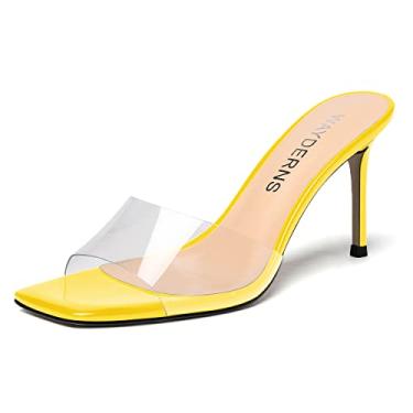 Imagem de WAYDERNS Sandálias femininas casuais de PVC com bico quadrado transparente aberto nos dedos para festa salto alto stiletto 3,3 polegadas, Amarelo, 10