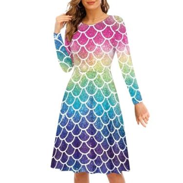 Imagem de Gzzxiailg Vestidos midi femininos de manga comprida, soltos, gola redonda, bainha com babados, vestido de outono, vestidos de aniversário, tamanho P-4GG, Escama de peixe, 3G