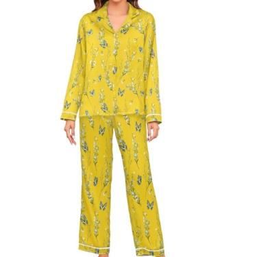 Imagem de JUNZAN Conjunto de pijama feminino de manga comprida Bright Meadow Flowers de cetim com botões amarelo, Flores de prado brilhantes, GG