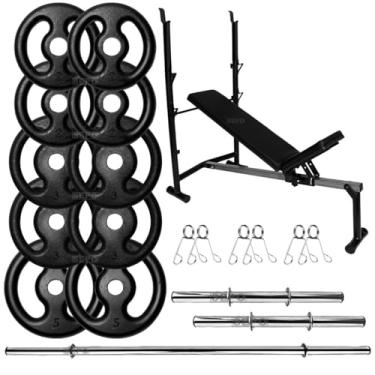 Imagem de Kit Musculação 30Kg Anilhas com Barras de 40cm e 1,50m + Banco Supino Ajustável