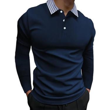 Imagem de RoseSeek Camisa masculina de trabalho xadrez gola gola manga longa tops casuais de botão, Azul marinho, G