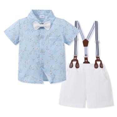 Imagem de SOLOYEE Conjunto de roupas infantis para meninos de 1 a 5 anos, vestido de casamento, camisa de manga curta, gravata borboleta + suspensório, O azul, 2-3 Anos