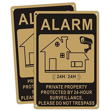 Imagem de 2 peças de sinal de vigilância de propriedade privada sinais de alarme de alumínio de segurança, placa montada na parede, à prova de intempéries, sem ferrugem, até 7 anos ao ar livre para casa, 20 x