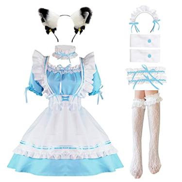 Imagem de LISANEK Conjunto de meias de orelhas de gato de pelúcia para cosplay Lolita, Azul, M