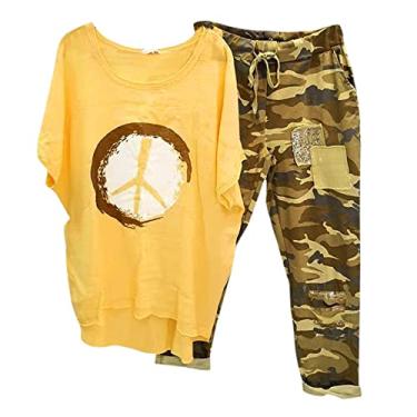 Imagem de Conjunto de 2 peças de linho para mulheres verão plus size camiseta camuflada capri 2024 casual ajuste solto 4 de julho conjunto combinando, Amarelo, Medium