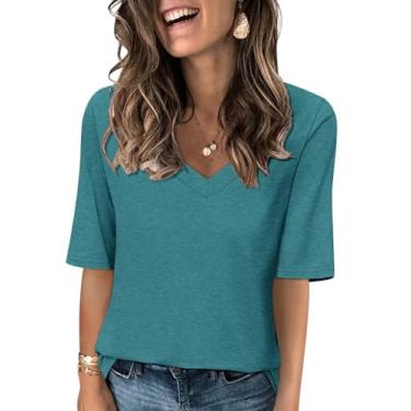 Imagem de Minetom Camisetas femininas casuais com gola V meia manga básica de verão, A azul-petróleo, G