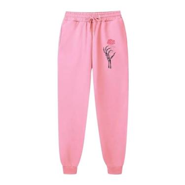 Imagem de Calça floral esqueleto para mulheres, homens, treino, academia, Halloween, grossa, quente, grossa, felpuda, calça de moletom masculina e feminina, P-922 Rosa, XGG