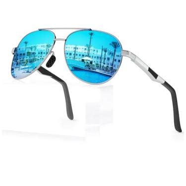 Imagem de WEAROYO Óculos de sol polarizados, masculinos, femininos, armação de liga Al-Mg, dobradiças de mola, estilo piloto, militar, proteção UV400 para dirigir, Armação prateada/lente espelhada azul, M