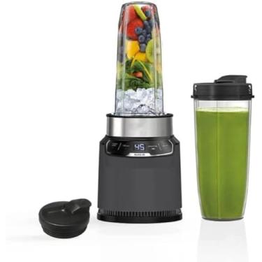 Imagem de Ninja BN401-A Nutri Pro Liquidificador pessoal compacto, tecnologia Auto-iQ, 1100 Watts de pico, para bebidas geladas, smoothies, molhos e mais, com copos portáteis e tampas com bico, cinza