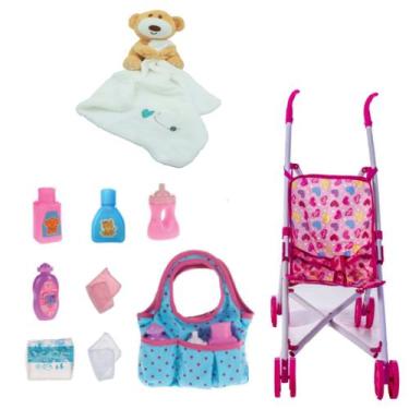 Imagem de Kit Carrinho de Boneca Rosa + Bolsinha Kit Maternidade - DM Toys