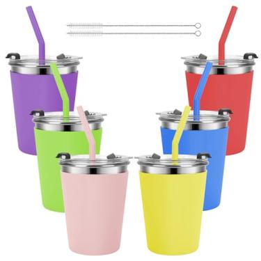 Imagem de Copos infantis com tampas e canudos, copos infantis de 340 g com canudos e tampas copo à prova de derramamento para crianças, copos com bico de aço inoxidável para escola, ao ar livre, pacote com 6