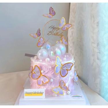 Imagem de Wednesday Addams Cake Topper Birthday Supplies - Glitter Spider Web Thing Hand Wednesday Gifts for Girls Cake Pick Addams Family Party Cake Decorations for Fantasy Horror Wednesday Kids (Purple Butterfly (1 Acrylic topper+20 Butterfly+10 Balls))