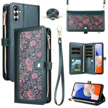 Imagem de Dswteny Capa carteira floral para Samsung Galaxy A25 5G/A24 4G/M34/F34 com alça de pulso alça de ombro com zíper, suporte para cartão de crédito, capa para celular A 25 25A 24A LTE mulheres homens