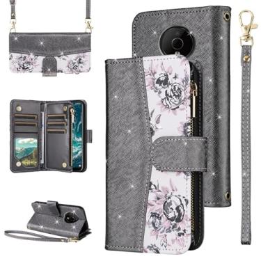 Imagem de Furiet Capa carteira floral para Nokia C200 flip com zíper alça de ombro, suporte de cartão de couro PU com glitter de luxo acessórios para celular N151DL C 200 200C 4G feminino preto
