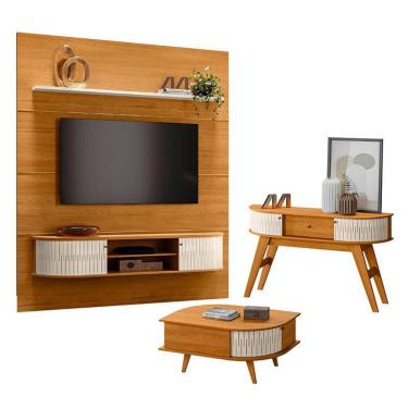 Imagem de Estante Home Theater com Bancada Suspensa Bugatti com Aparador Estoril e Mesa de Centro Indianápolis Cinamomo Off White – Madetec