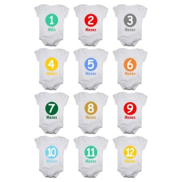 Imagem de Kit body bebê mesversario manga curta números coloridos 12 bodies 1 a 