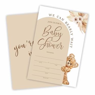Imagem de Convite para chá de bebê We Can Bearly Wait,25 Double Side Fill In Boho Floral & Bear Convites com envelopes para meninos e meninas, anúncio de bebê, artigos de festa e decorações de revelação de