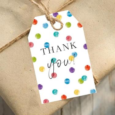 Imagem de JarThenaAMCS 100 etiquetas de presente de agradecimento com cordão colorido de bolinhas aquarela, confetes, etiquetas para pendurar para pequenas empresas, casamento, chá de bebê, aniversário