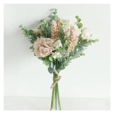 Imagem de Decoração de primavera - Buquê de casamento flor sintética de seda artificial buquê de dama de honra branco roxo pompom folha de eucalipto suprimentos de casamento, plantas artificiais artificiais