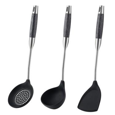Imagem de FJNATINH Espátula de silicone para wok, concha, conjunto de ferramentas de escumadeira – ferramentas wok de aço inoxidável, utensílio wok, antiaderente, resistente ao calor, utensílios de cozinha sem