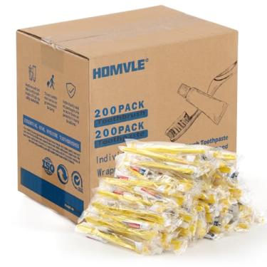 Imagem de HOMVLE Escovas de dentes descartáveis com pasta de dente – 200 unidades de escovas de dentes embaladas individualmente a granel, cerdas macias médias, perfeitas para artigos de higiene pessoal, OCC,