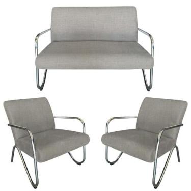 Imagem de Kit Namoradeira + 2 Poltronas Decorativa Bela Linho Bege Braço Cromado