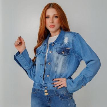 Imagem de Jaqueta Feminina Jeans Cropped Destroyed Manga Longa Flare Com Botão Gola Colarinho-Feminino