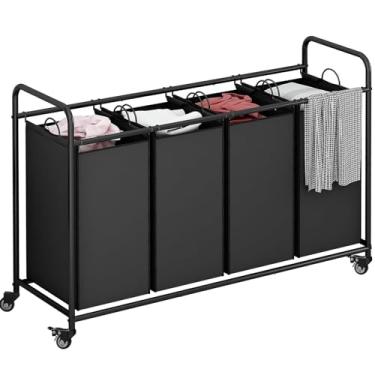 Imagem de Separador de cesto de roupas com 4 seções com rodinhas resistentes e bloqueáveis, sacos removíveis, separador de cesta para armazenamento de roupas sujas, preto