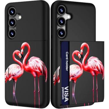 Imagem de IWONE Capa para celular compatível com Samsung Galaxy S24 FE fofa com porta-cartões/S24FE à prova de choque slim slot carteira capa de telefone para mulheres/flamingos rosa casal amor coração animais