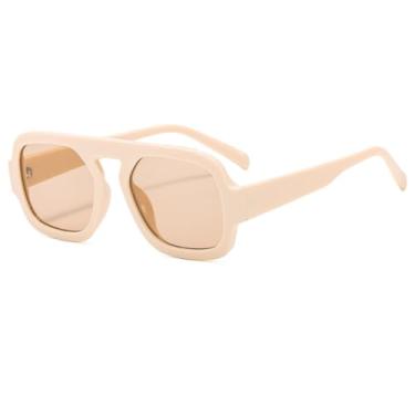 Imagem de IKUVNA Óculos de sol aviador quadrado retrô anos 70 para mulheres e homens, estilo moderno, armação plana, vintage, óculos de sol quadrados, Armação bege com lente de chá, Large