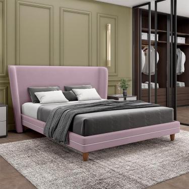 Imagem de Conjunto Cama Com Cabeceira Casal Torres Pés Em Madeira Veludo Rosê G91 - Gran Belo