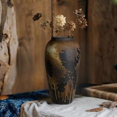 Imagem de GDSZJLJ Vaso grande de cerâmica rústica, 33 cm de altura, terracota, para sala de estar, vaso vintage de cerâmica para decoração de casa, decoração de prateleira, decoração de mesa, entrada