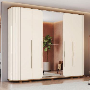 Imagem de Guarda-Roupa Casal Premium 6 Portas 6 Gavetas Ripado com Espelho Off White/Natural - Henn