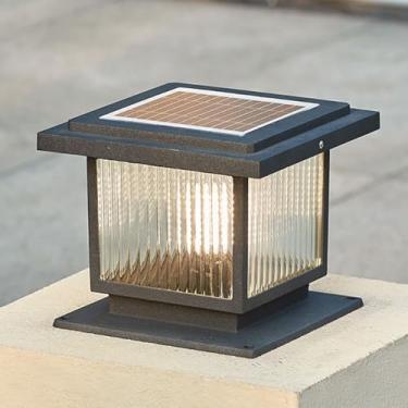 Imagem de CUTPOIY Tampas de poste solares à prova d'água preto alumínio fundido lâmpada LED movida a energia solar moderna tampas de coluna quadrada luzes fora da caixa iluminação paisagem cerca tampas de deck