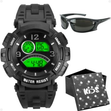 Imagem de Relogio Infantil Digital Preto Silicone + Caixa + Oculos Sol