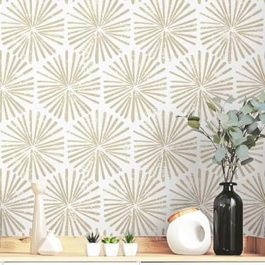 Imagem de Safiyya Papel de parede de 1,498 cm x 43,9 cm Peel and Stick Boho Papel de parede moderno autoadesivo removível papel de parede geométrico bege para cobertura de quarto rolos de vinil