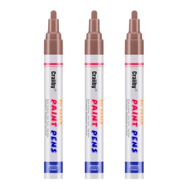 Imagem de Marcadores de tinta marrom, pacote com 3 canetas permanentes à base de óleo, à prova d'água, secagem rápida, para pintura de pedras, madeira, tecido, plástico, tela, vidro, canecas, metal, pneu, pedra