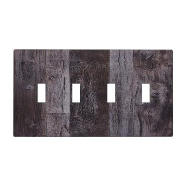 Imagem de OILbiexn Capa decorativa de placa de interruptor com placa de madeira marrom cinza vintage design de prancha de madeira 4 gangues placa de parede artística exclusiva quadriciclo interruptores de luz