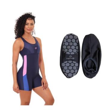 Imagem de Kit Macaquinho Maiô Hidroginástica Meia Sapatilha Antiderrapante (Sapatilha Azul Marinho G, GG)